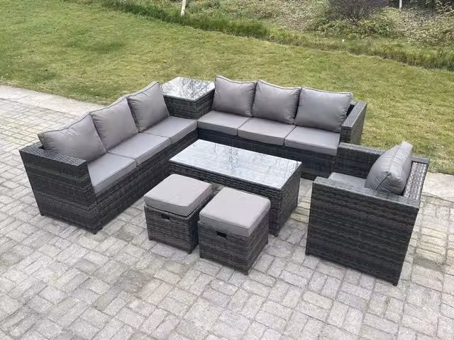 Fimous 9 Seater Rattan Corner Sofa Set with Square Side Table and Oblong Coffee Table in Dark Grey