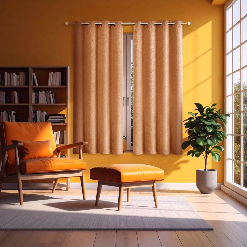 Happy Homewares Modern Textured Linen Blackout Eyelet Curtains, Pair in Orange, Width: 117 cm, Drop: 137 cm – 3