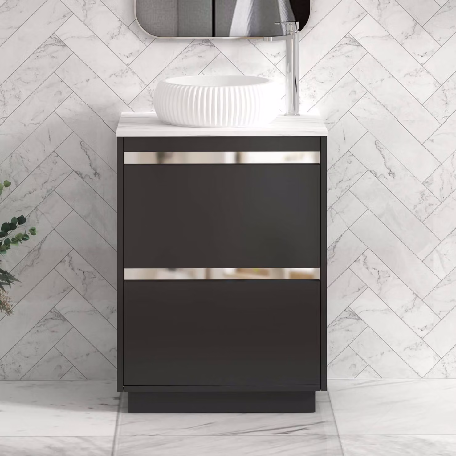 Royal Bathrooms Orion 600mm Matt Obsidian Black Floor Standing 2 Drawer Vanity Unit with Milan Basin and Chrome Accent Trim