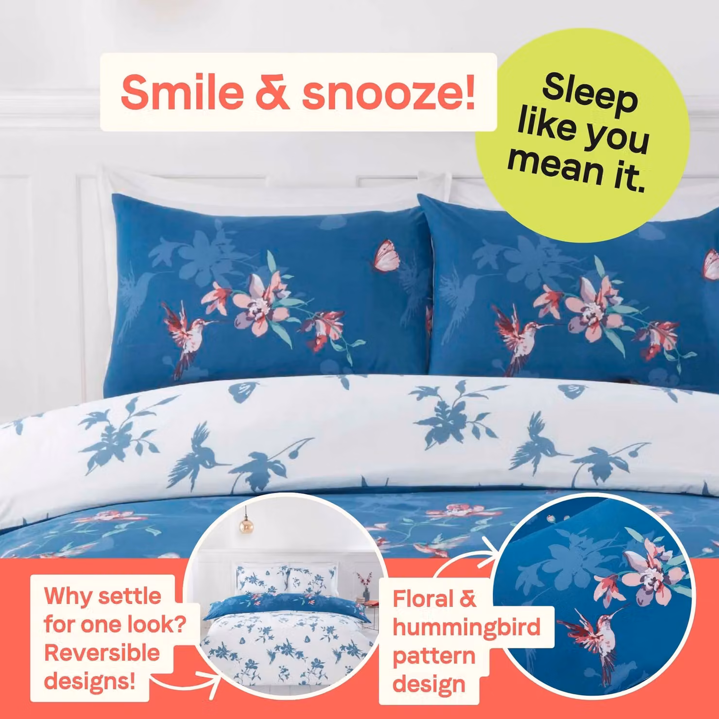 Rapport Home Hummingbird Microfibre Floral Reversible Duvet Cover and Pillowcase Set in Blue and Green, Duvet Cover: 180 x 200 cm, Pillowcase: 50 x 75 cm – 3