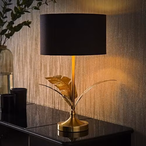 ValueLights Christina Black and Gold Palm Leaf Table Lamp with Metallic Gold Drum Shade and LED Bulb – 2