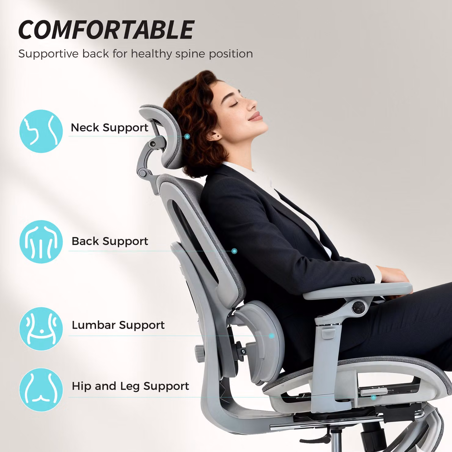 HOMCOM Ergonomic Grey Fabric Office Chair with Headrest and Armrests – 3