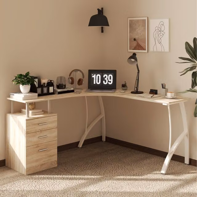 HOMCOM Modern L Shaped Corner Desk in Oak Finish