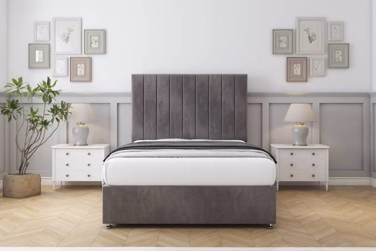 Sloomy Kansas Naples Grey Velvet Upholstered Divan Set with 26 inch Headboard, Small Double, W/D/H: 120 x 200 cm