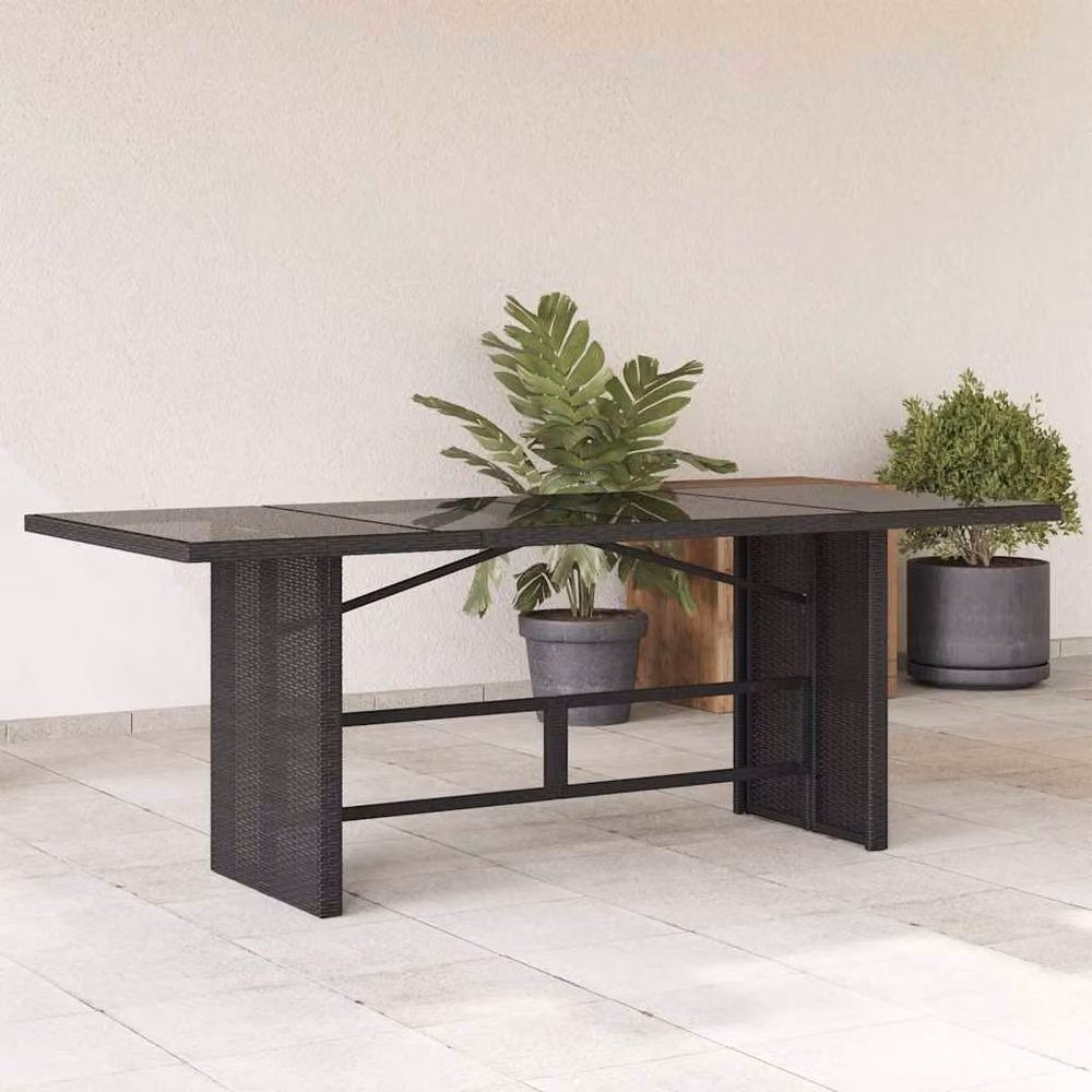 Berkfield Home Black Poly Rattan Garden Table with Glass Top, W/D/H: 190 x 80 x 74 cm – 1