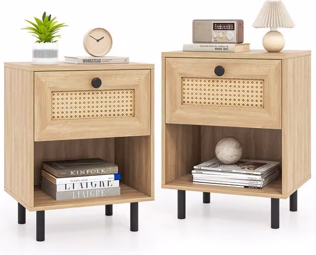 COSTWAY Set of 2 Boho Rattan Nightstands with Drawers in Beige and Brown