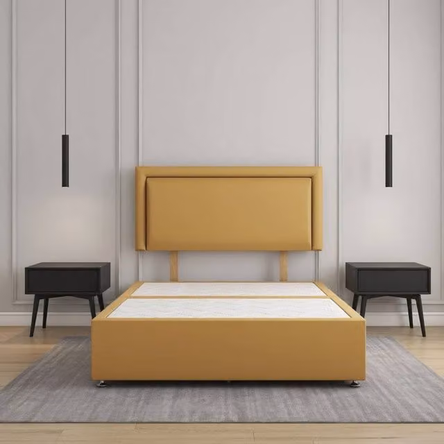 Regional Furnishings Luxury Double Divan Bed Base with 24 inch Headboard in Mustard Yellow Plush Velvet, W/D/H: 140 x 200 cm