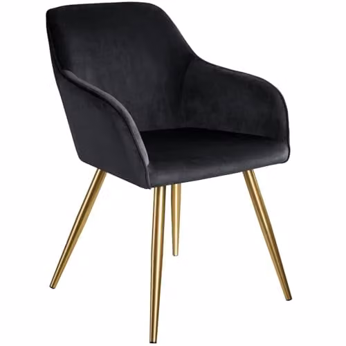 tectake Dining Chair in Black Velvet with Gold Steel Legs and Armrests