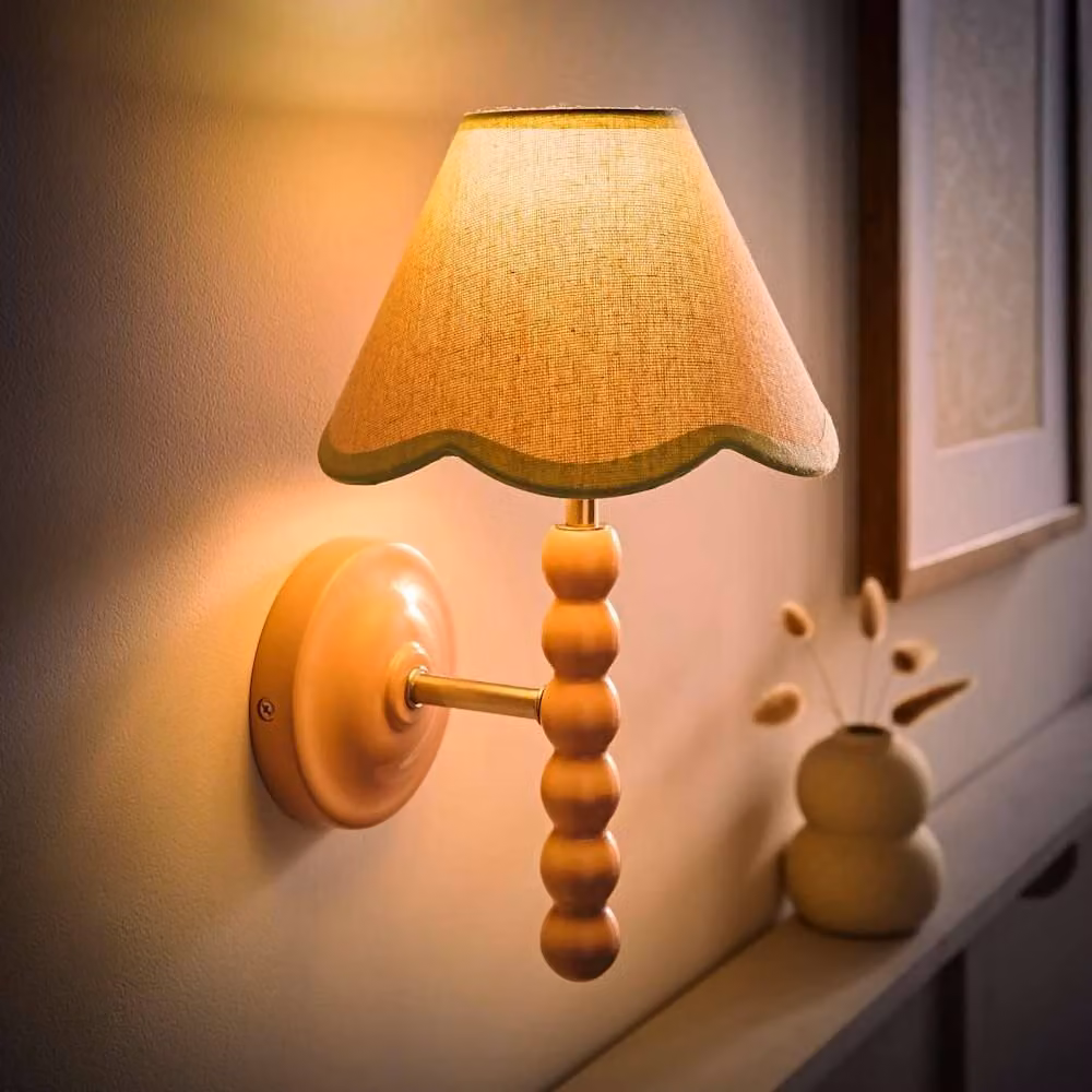 ValueLights Bobbins Pair of Pink Wall Lights with Green Fabric Shades and Bulbs – 2