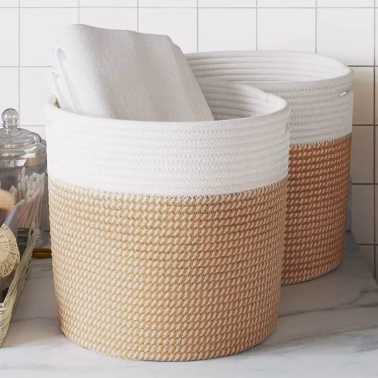 Berkfield Home Storage Baskets, 2 Pack, Brown and White Cotton Fabric, W/D/H: 28 x 28 x 28 cm