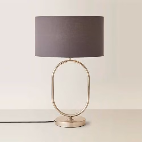 ValueLights Antonia Oval Fabric Drum Table Lamp in Grey with Brushed Chrome Finish