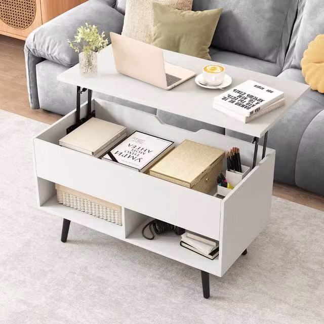 Costway Mid Century Modern Lift Top Coffee Table with Shelves in White – 1