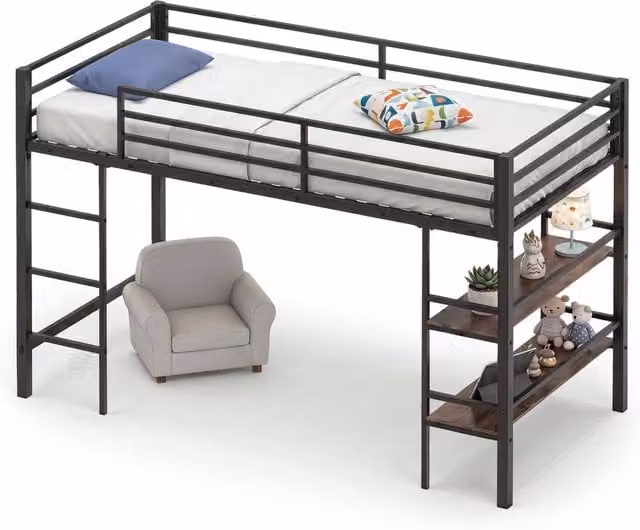 Costway Single Size Metal Loft Bed with Storage Shelves and Stairs in Brown – 1