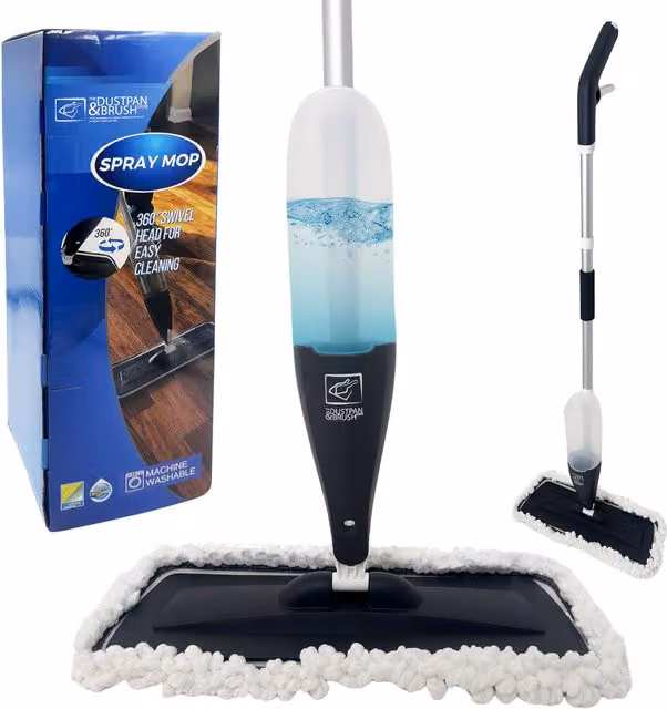The Dustpan and Brush Store Microfibre Swivel Spray Mop with 600ml Refillable Bottle, Scraper and 3 Replacement Pads, Grey
