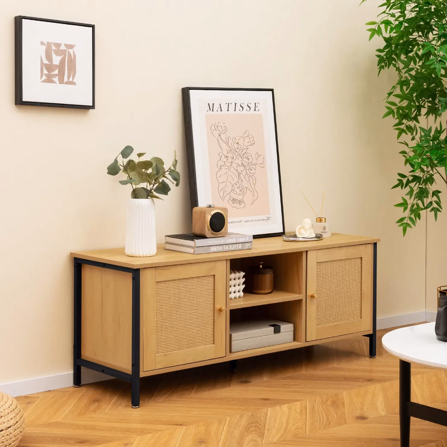 Gymax Boho PE Rattan Media Console Table for TVs up to 55 inch, Beige – 6
