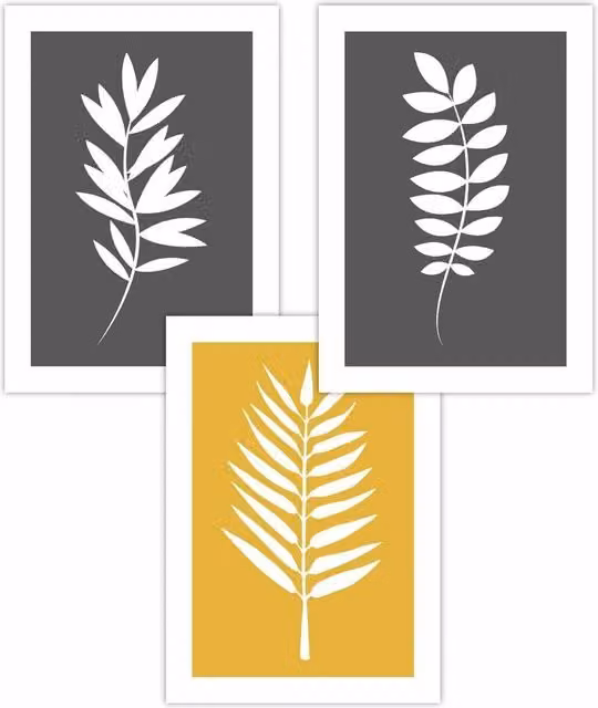 ARTZE Set of 3 Boho Botanical Leaf Art Posters in Grey, Yellow and White, W: 59 cm, H: 84 cm