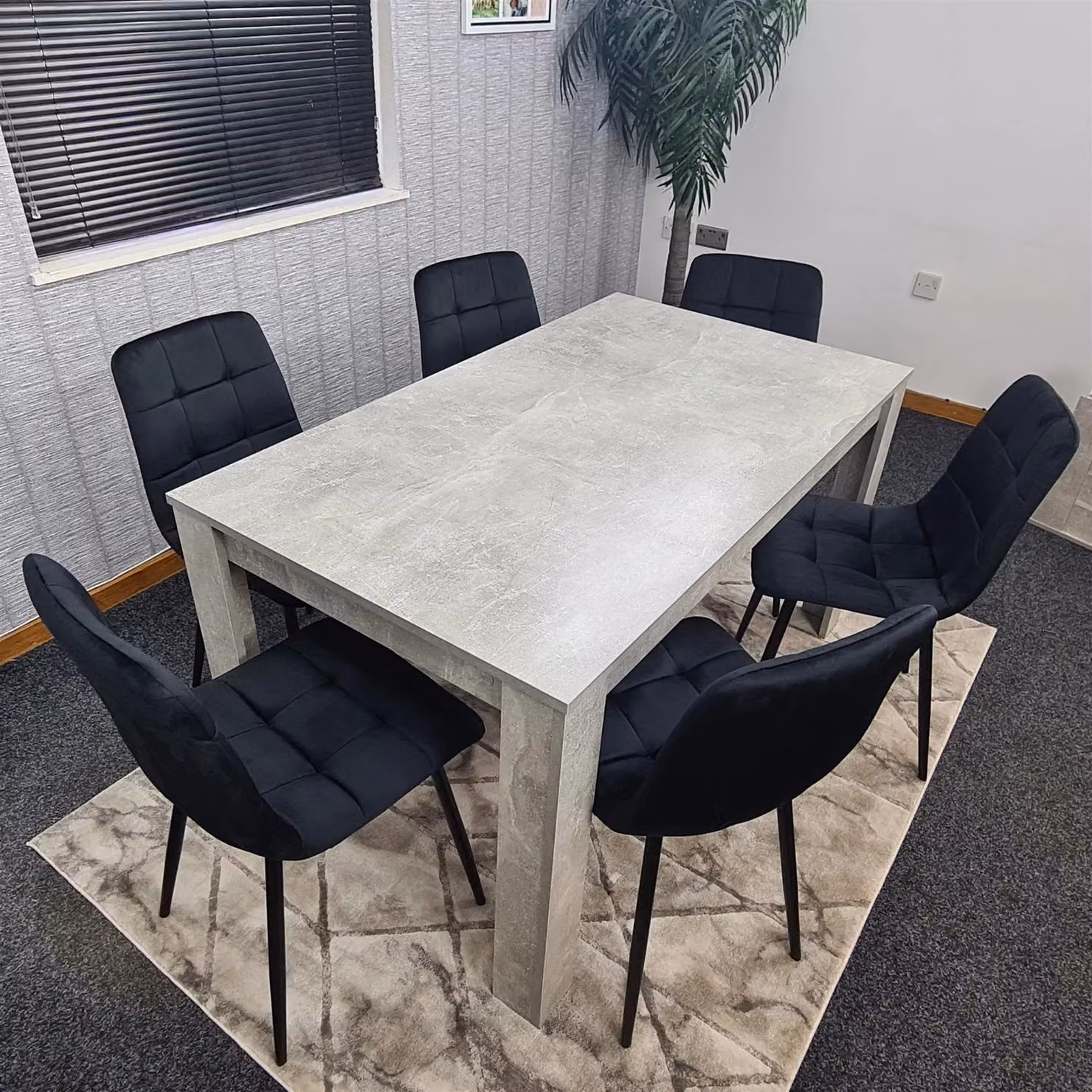 Kosy Koala Stone Grey Effect Wooden Dining Table Set with 6 Black Velvet Chairs in Brown – 5