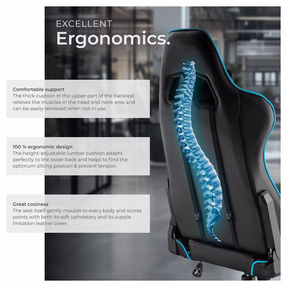 tectake Stealth Gaming Chair in Blue with Synthetic Leather and Adjustable Headrest – 4