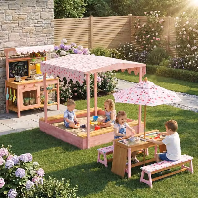 AIYAPLAY 3-Piece Wooden Garden Play Set with Sandbox and Canopy, Flamingo Theme, Pink