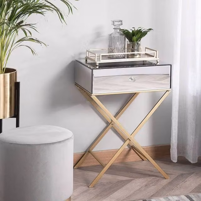 Wyld and Coco Side Table with Silver Mirrored Glass Top and Gold Legs, W: 50 cm, D: 40 cm, H: 70 cm – 1
