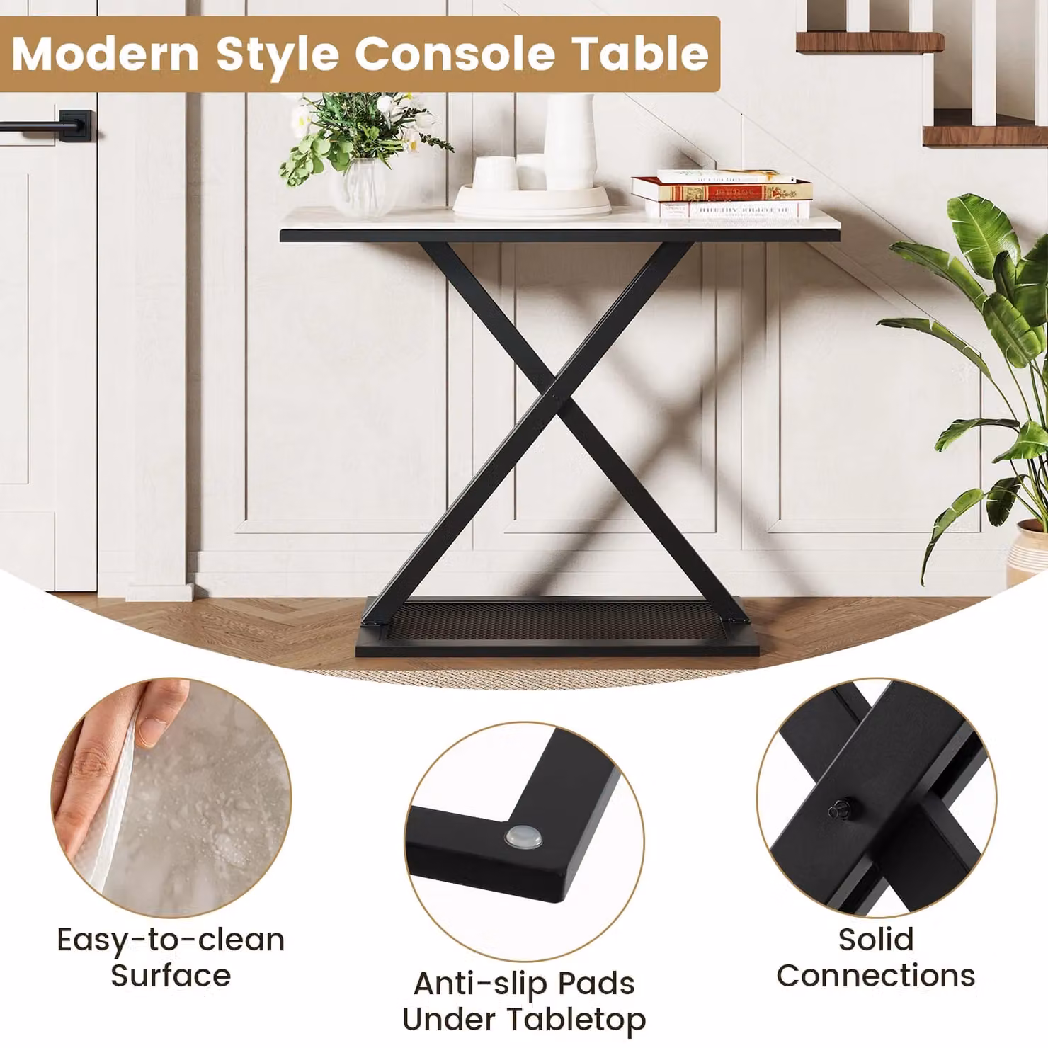 Costway Modern Faux Marble Top Console Table with Metal Frame in White – 5
