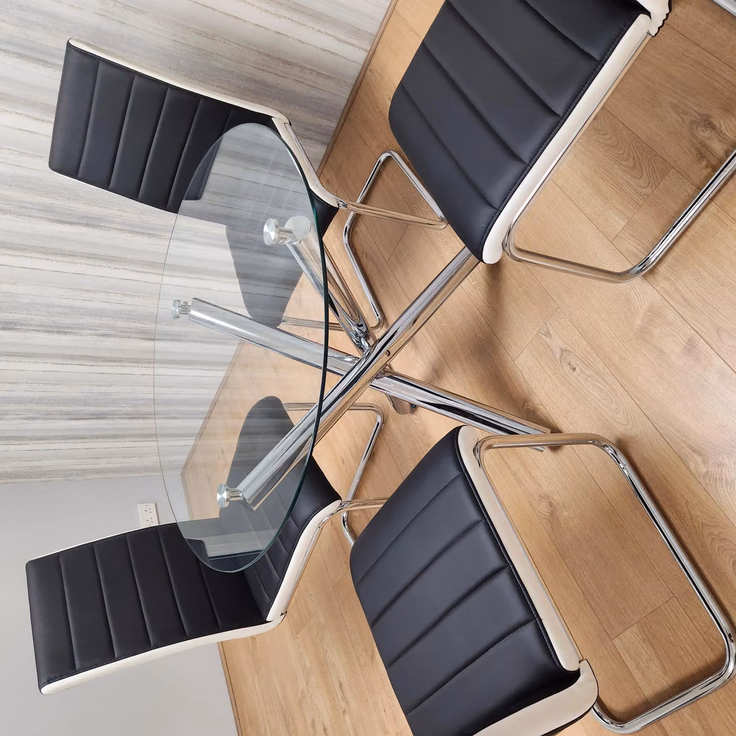 Kosy Koala Round Chrome Metal and Clear Glass Dining Table with 4 Black and White Faux Leather Dining Chairs Set, Diameter: 90 cm, Height: 75 cm – 2