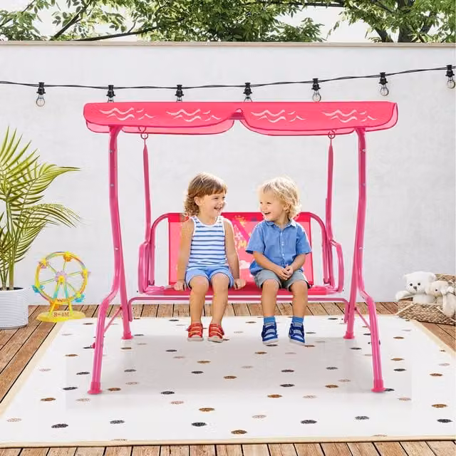 COSTWAY 2-Seater Childrens Porch Swing Chair with Sun Canopy in Pink