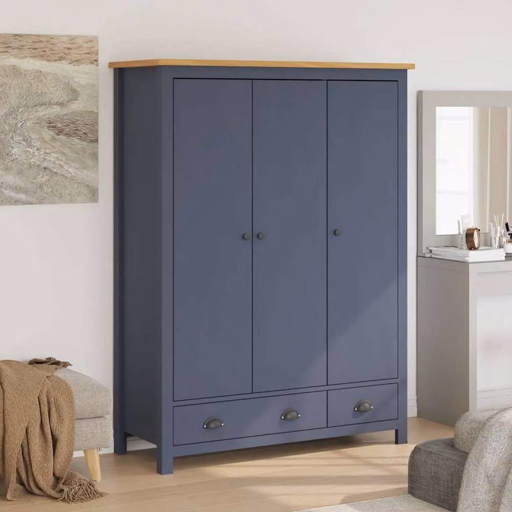 Berkfield Home Hill 3-Door Wardrobe in Grey and Dark Navy, Solid Pine Wood, W/D/H: 127 x 50 x 170 cm – 2