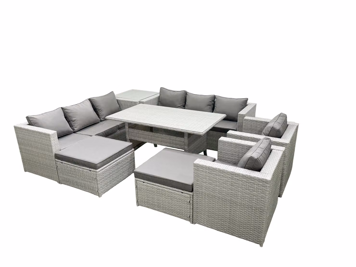Fimous 8 Seater Rattan Garden Furniture Set with Dining Table, 2 Chairs, Side Table and 2 Footstools in Light Grey – 2