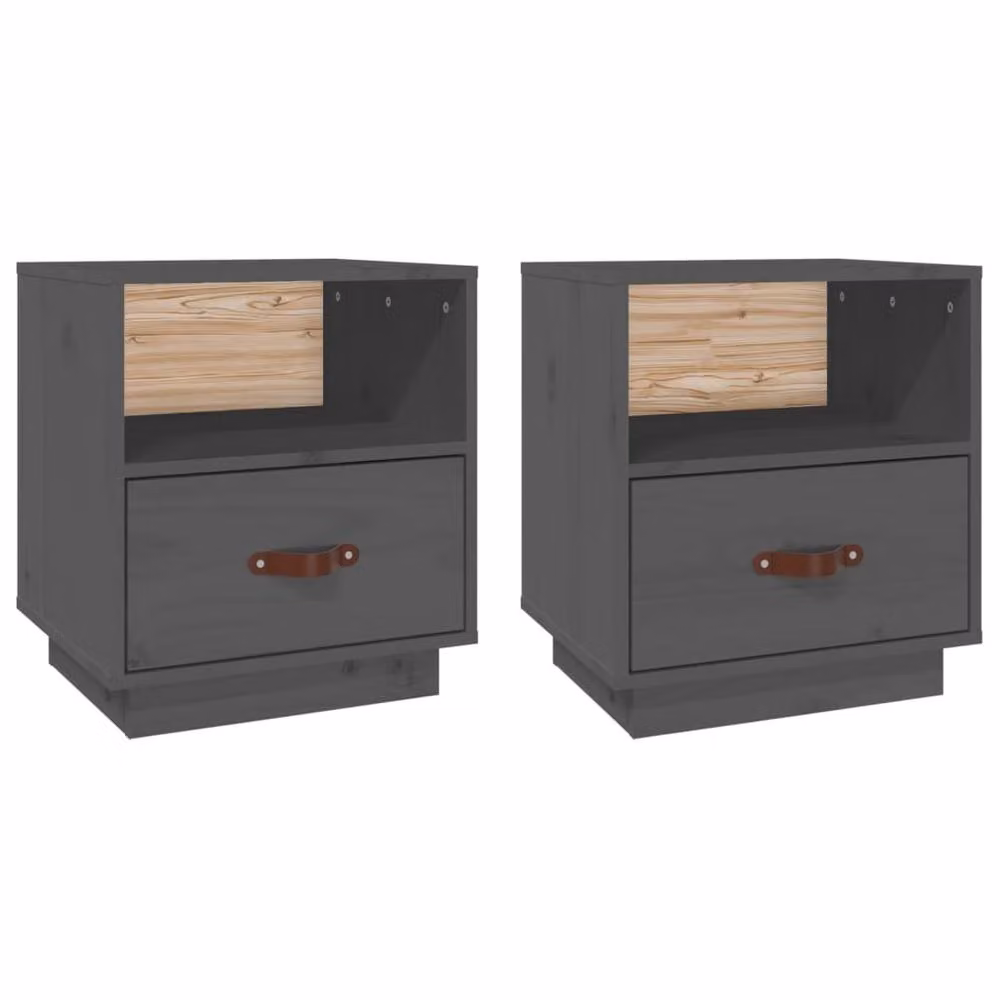Berkfield Home Beautiful Set of 2 Grey Solid Wood Pine Bedside Cabinets, W/D/H: 40 x 34 x 45 cm – 2