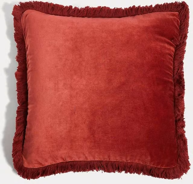 M&S Pure Cotton Velvet Fringed Square Cushion in Red