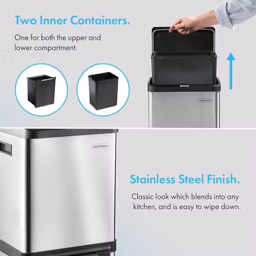 VonHaus 34L Vertical Kitchen Bin with Two Compartments and Removable Inner Buckets in Silver Stainless Steel – 3