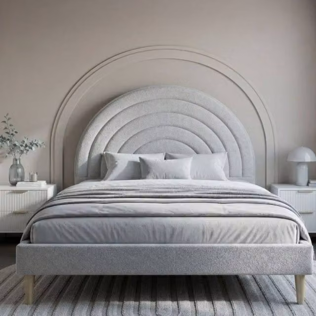 Stratus Interiors Arc Half Moon Teddy Boucle Upholstered Bed Frame in Grey, Junior Size