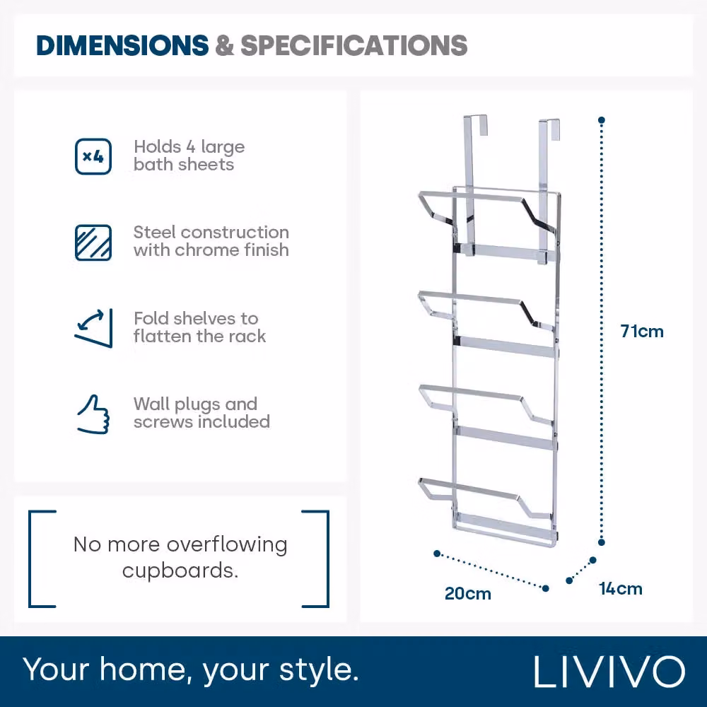 LIVIVO 4 Tier Chrome Over Door Towel Rail and Storage Rack in Metallic Silver with Shelves and Hooks – 3