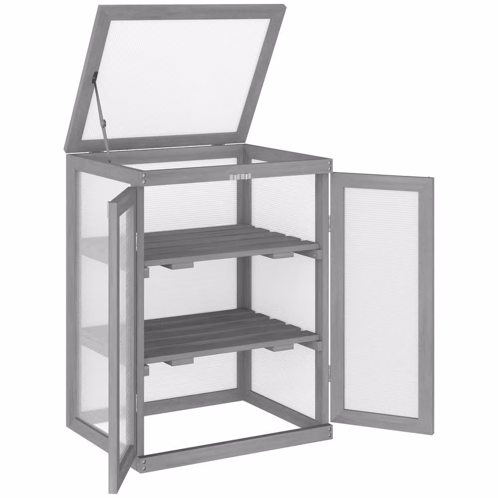STILVORA Grey Wooden Cold Frame Greenhouse with Shelves and Polycarbonate Panels, W/D/H: 78 x 58 x 44 cm – 4
