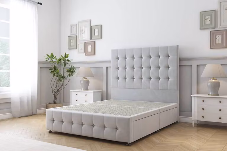Comfort Beds Florence Plush Divan Base with 2 Drawers and Headboard-Footboard in Silver, W/D/H: 140 x 200 cm