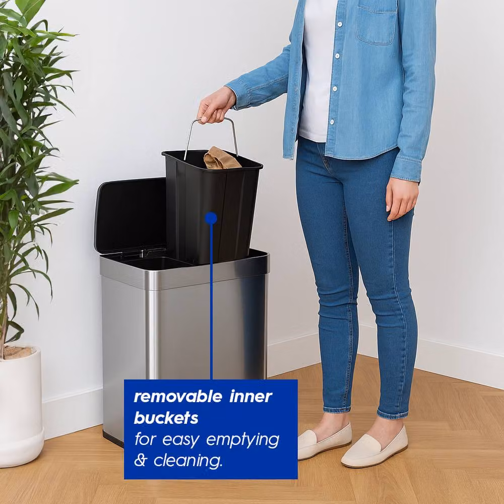 Harbour Housewares 60L Double Kitchen Pedal Bin in Silver Stainless Steel (2 x 30L) with Soft Close and Removable Inner Buckets – 4