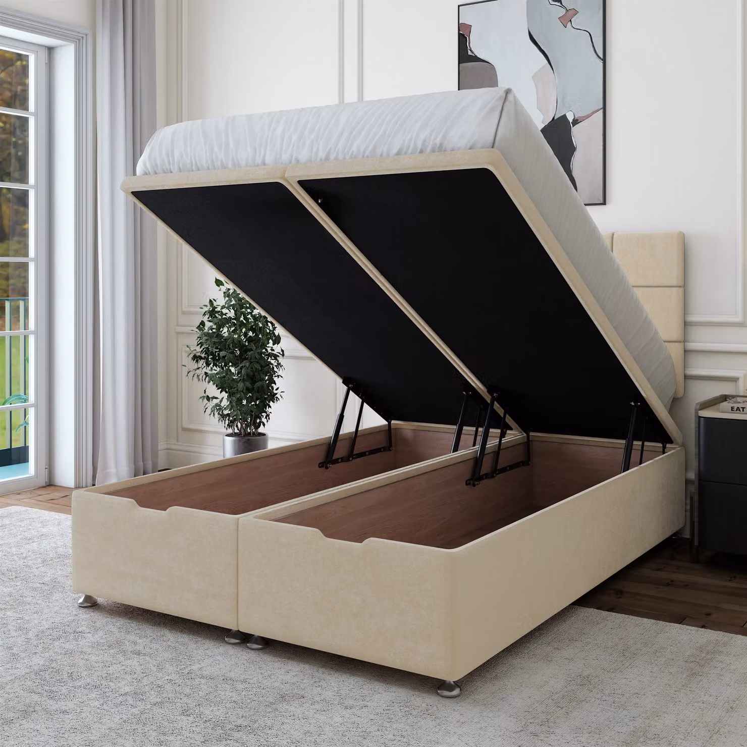 Bedmaster Luxury Velvet Ottoman Divan Base and Square Headboard in Natural, Size: Small Double (W/D: 120 x 200 cm) – 2