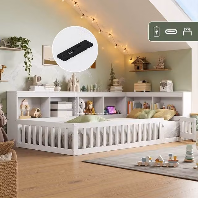 BTM Single White Floor Bed with USB Charging Port and Bookcase Storage, W/D/H: 90 x 190 cm – 1