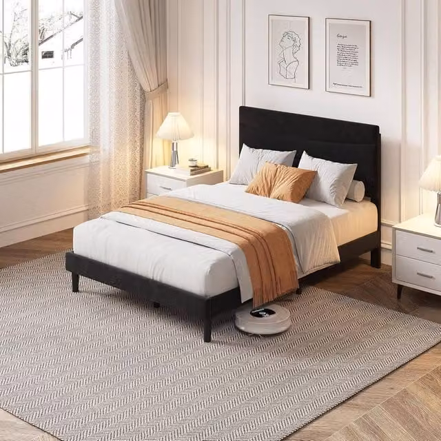London Boutique Double Size Upholstered Bed Frame with Headboard in Black, W/D/H: 140 x 200 cm