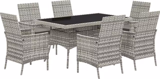 Outsunny 6 Seater Rattan Garden Furniture Set in Mixed-Grey with Rectangular Tempered Glass Table and Armchairs – 1
