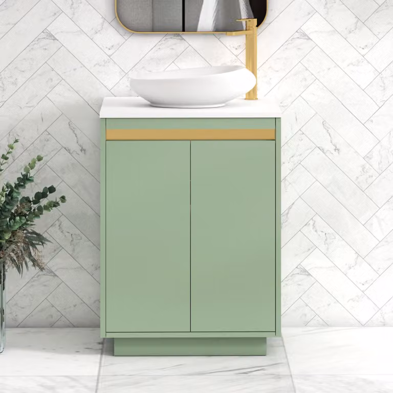 Royal Bathrooms Orion 600mm Mint Sage Floor Standing 2 Door Vanity Unit with Nova Basin and Brushed Brass Accent Trim