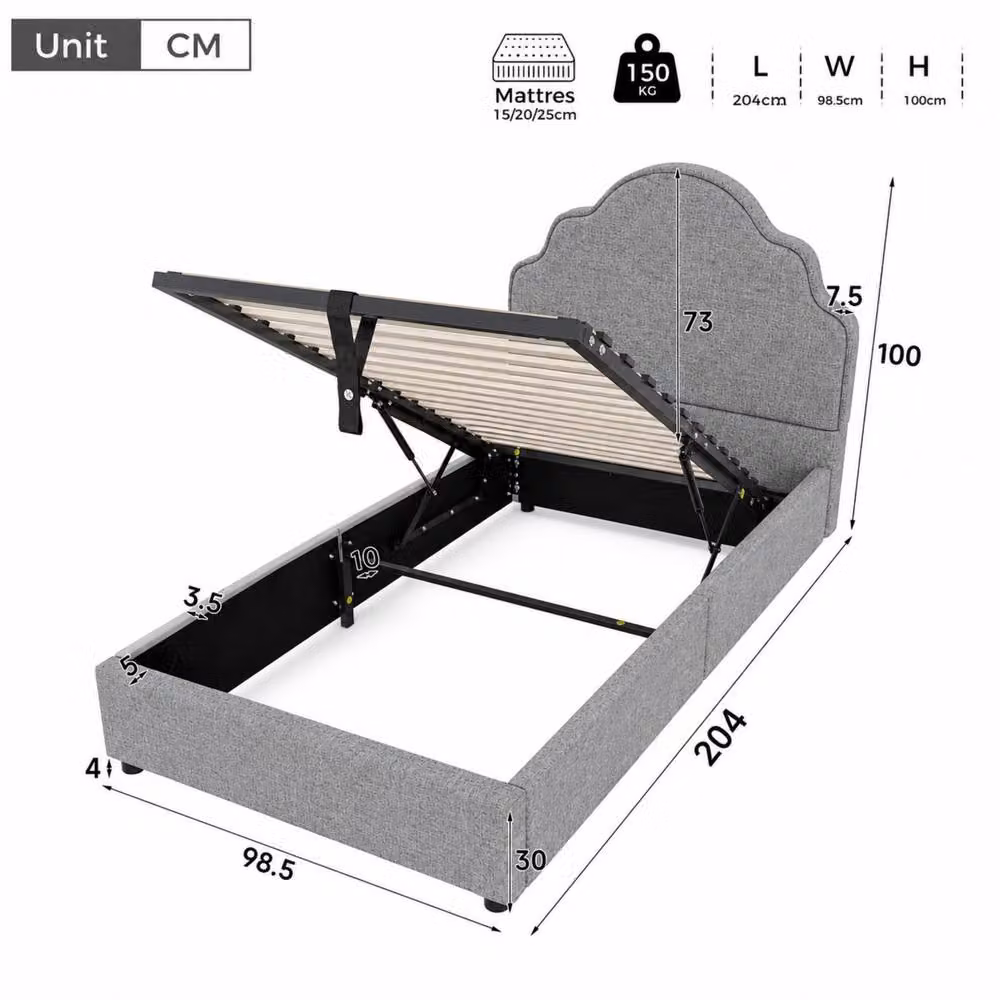 Rolipo Scalloped Upholstered Kids Bed Frame in Light Grey Linen, W/D/H: 90 x 190 cm – 2