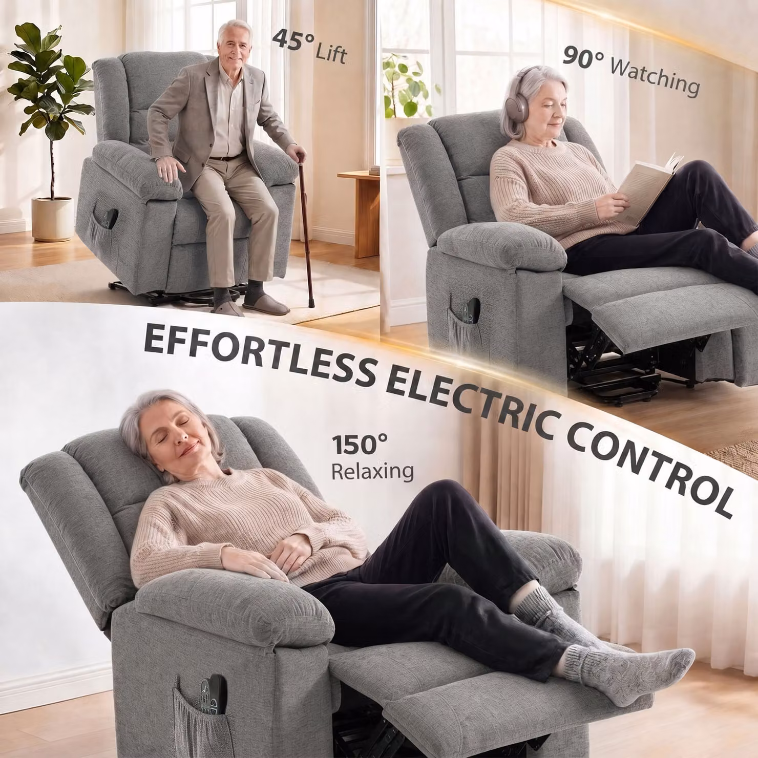HOMCOM Oversized Grey Fabric Riser Recliner Chair with Massage, Heat and Power Lift Assist for Seniors – 4