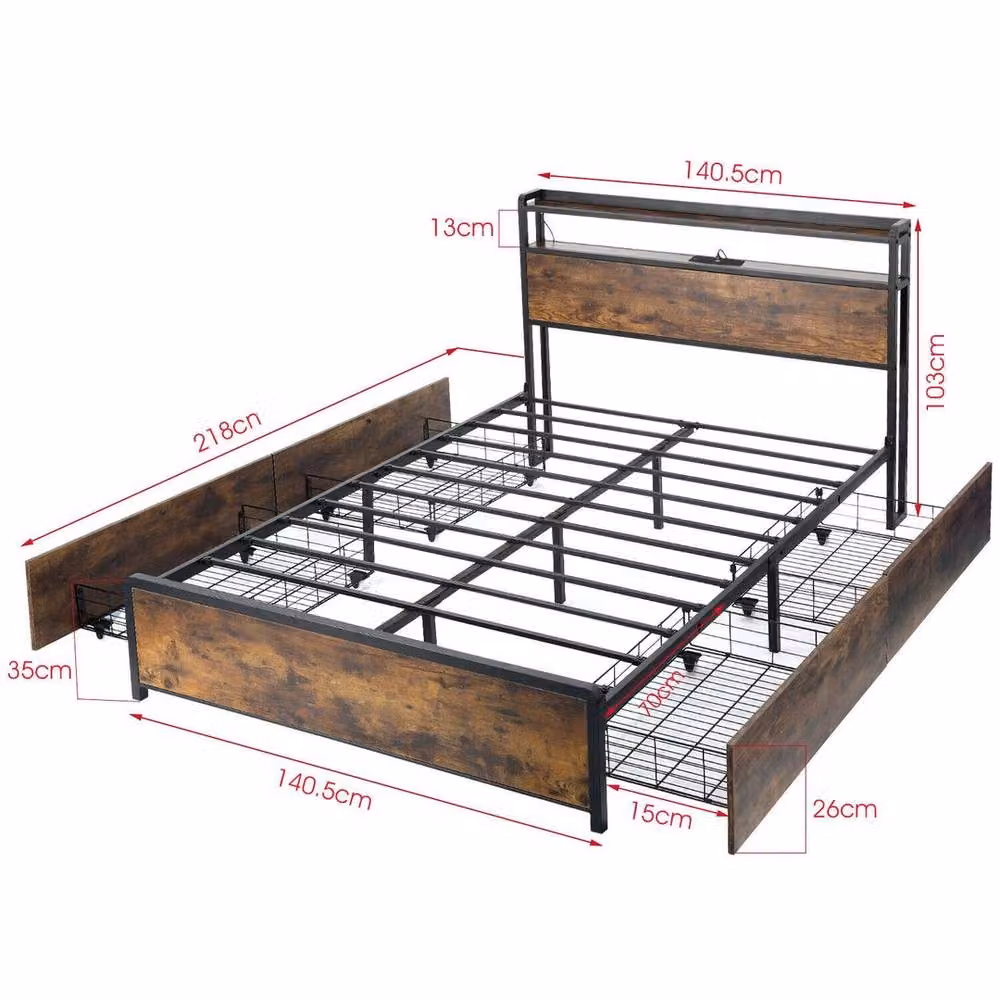 PAWNORA Metal Double Bed Frame with Side Compartments and USB Charging Ports in Brown, W/D/H: 140 x 200 cm – 2
