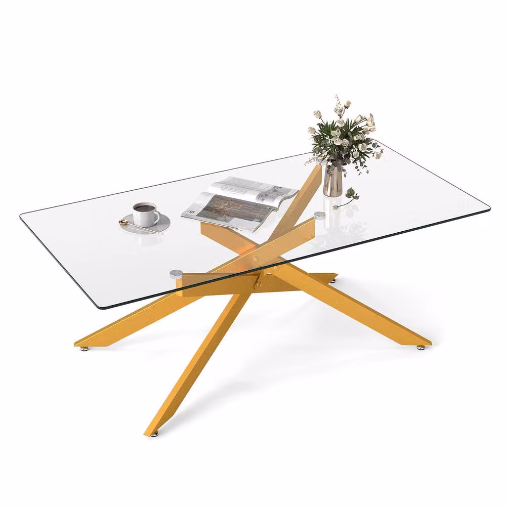 Costway Modern Rectangular Glass Coffee Table with Gold Metal Frame – 3
