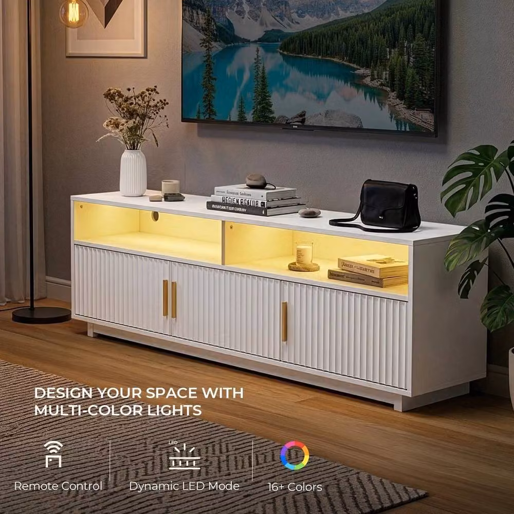EONLION White LED TV Unit with Integrated RGB Lighting and Grille Doors, Width: 160 cm – 3