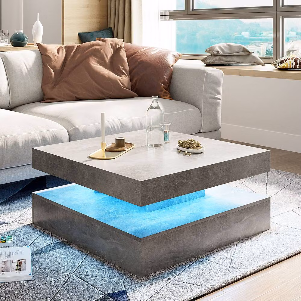 KEEPREAPER Modern Square Coffee Table with LED Light and 2-Tier Storage, Grey Marble Finish, W/D/H: 78 x 78 x 40 cm – 2