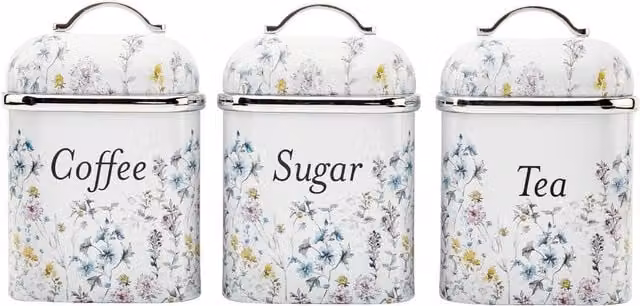 Laura Ashley Set of 3 White Enamel Floral Wild Meadow Canisters