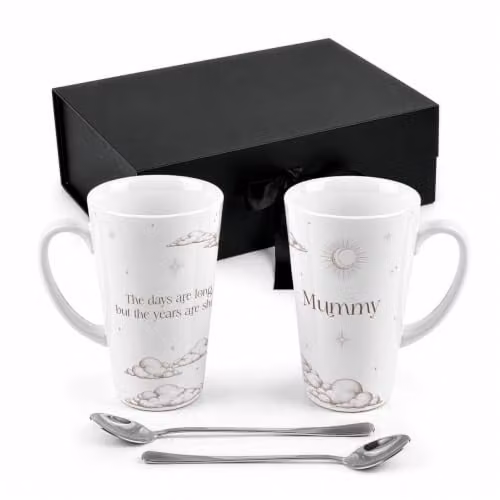 Purely Home New Parents Tall Latte Mugs and Spoons Gift Set in White